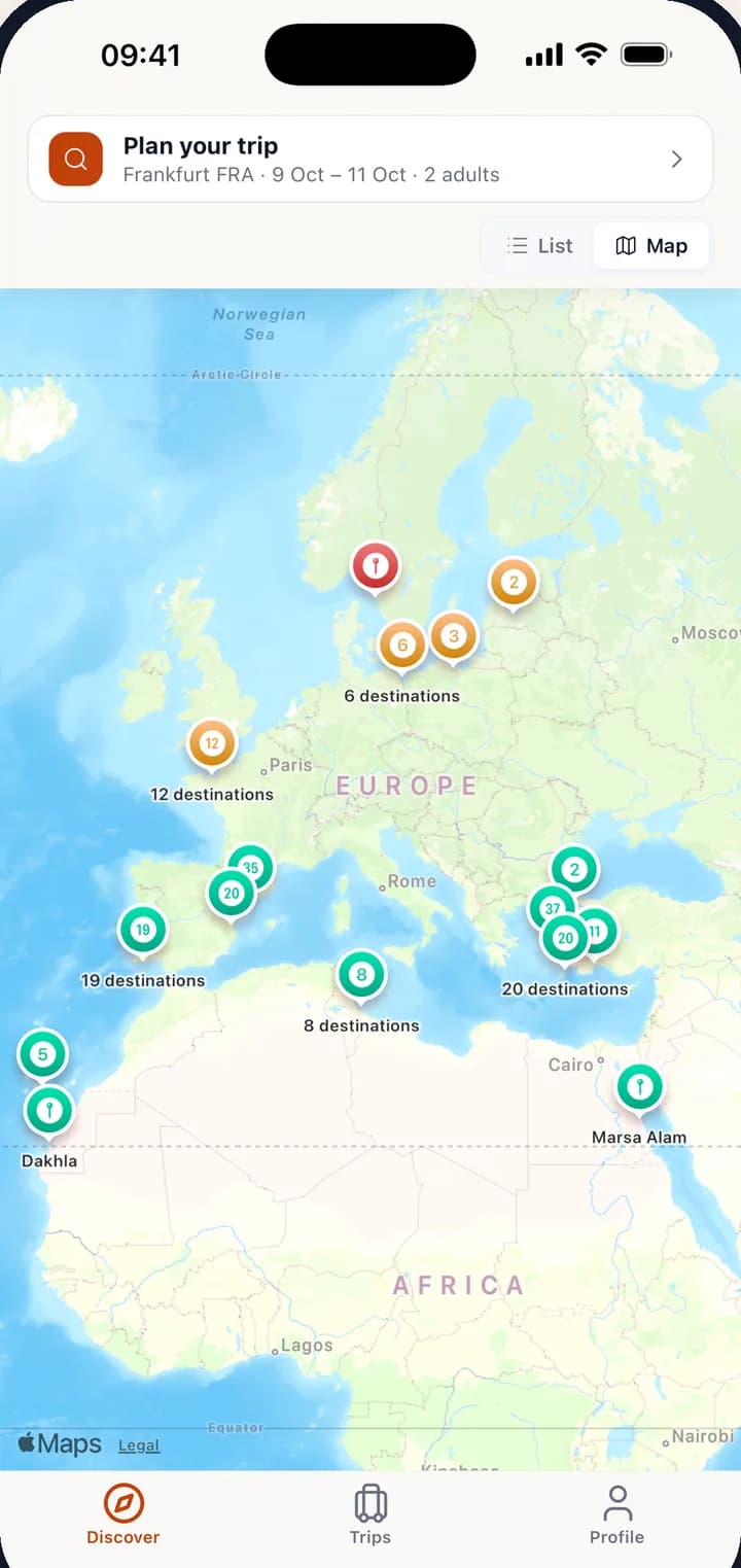 TripSight map of Europe showing where the sun is this weekend